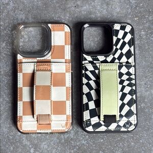 Stylish Brown and Black Checkered Phone Case Set with Wallet and Grip